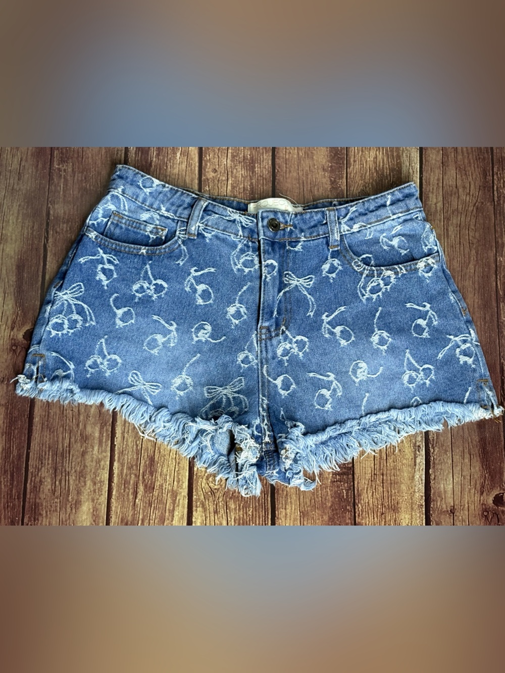 Project Rebel High-Waist Cherries and Bows Print Denim Shorts - Blue Size 7